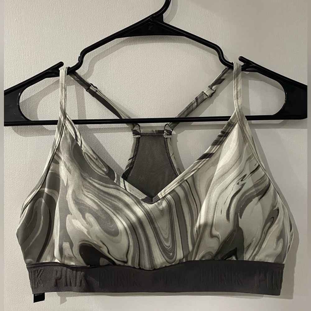 PINK sports bra. Grey marble. Large